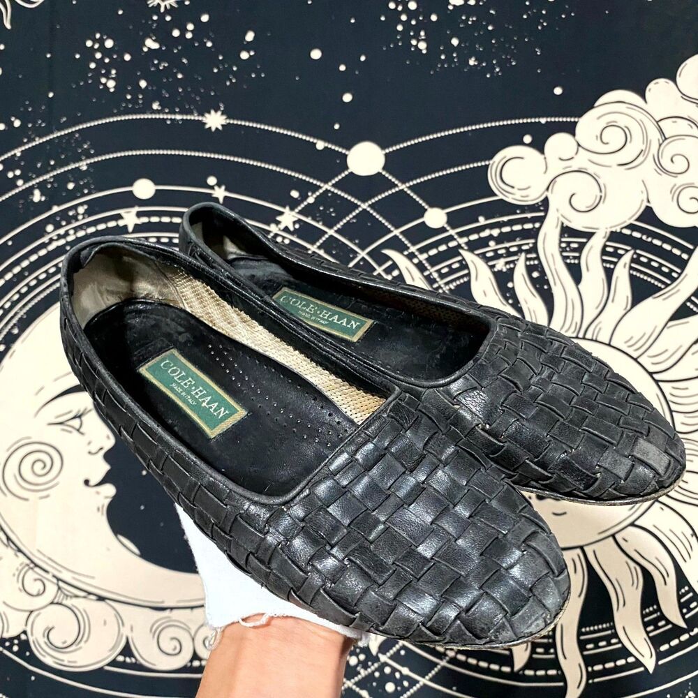 Cole Haan Loafer Shoes Womens 11 Black Woven Leather Slip-On Flat Preppy Italy